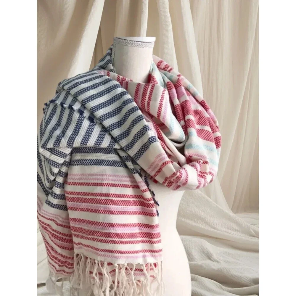 New J. Jill Tasseled Cotton Oversize Striped Blanket Shawl Throw Fringe 70 X 48